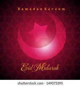 Abstract moon Illustration on shiny red color background with text Ramadan Kareem and Eid Mubarak.
