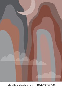 Abstract moon mountain landscape. Minimal asian landscape for print, home decor, minimalist digital art, boho wallpaper, poster. Vector illustration in terracotta pastel colors. Vector illustration