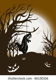 abstract moon night background with witch hanging on dry tree, pumpkins for halloween