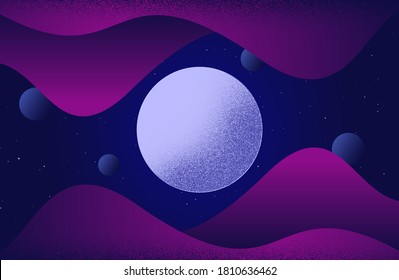 Abstract moon night dotwork background. Full moon with dotted effect poster. Summer night futuristic banner. Dark blue background. Abstract radial planet. Purple moonlight poster. Dotwork vector