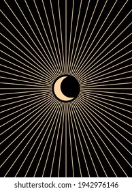 Abstract moon on black background. Contemporary  geometric composition. Boho poster. Mid century art print. Vector illustration.