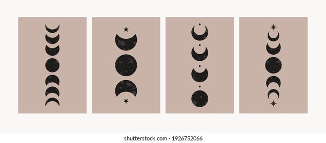 Abstract moon phases posters. Mid century lunar minimalist art decor, mystic contemporary print. Vector design