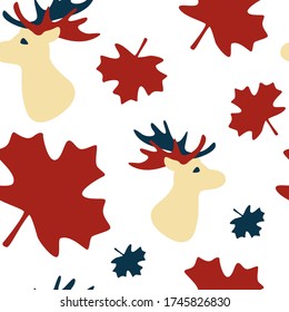 Abstract moose head on white backdrop. Maple leaf seamless pattern for wallpaper, wrap paper, sleeper, bath tile, apparel or bed linen. Phone case or cloth print. Flat style stock vector illustration