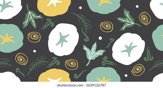 Abstract morning glory flower pattern in black background. Green, white, yellow and black color. Hand drawing.