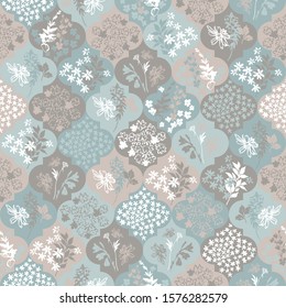 Abstract moroccan geometric seamless pattern with flower, twigs, leaves silhouettes. Unusual floral background in patchwork style, black and white colors. Hand drawn geometry vector illustration