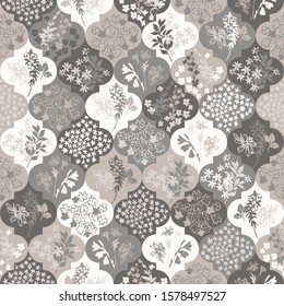 Abstract moroccan geometric seamless pattern with flower, twigs, leaves silhouettes. Unusual floral background in patchwork style, black and white colors. Hand drawn geometry vector illustration