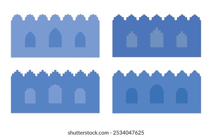 Murallas Abstractas de la medina saudita marroquí. Edificio oriental, frente a la casa. Arco árabe tradicional, puerta, ventana, puerta. Fondo estético oriental del Vector.