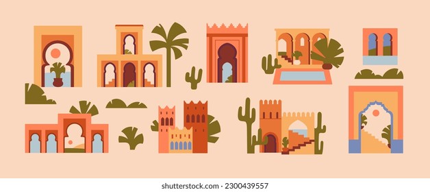 Abstract Morocco architecture set. Moroccan houses decor, building decorations set. Traditional Arab arch doors, windows, gates. Ancient East oriental aesthetic. Flat graphic vector illustrations