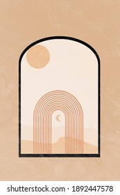 Abstract Morrocan background with geometric, shapes, rainbow, moon and sun. Boho wall decor decorations. Mid century modern minimalist art print. Organic natural shape. Line art