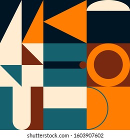 Abstract mosaic artwork design with simple shapes and figures. Geometrical pattern graphics with basic form and elements. Perfect for web banner, business presentation, branding package, fabric print.