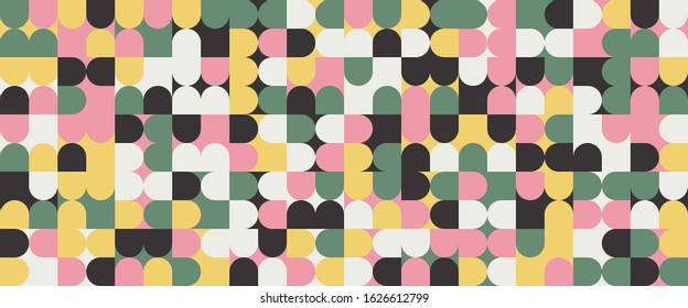 Abstract mosaic artwork design with simple shapes and figures. Geometrical pattern graphics with basic form and elements. Perfect for web banner, business presentation, branding package, fabric print.