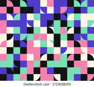 Abstract mosaic artwork design with simple shapes and figures. Geometrical pattern graphics with basic form and elements. Perfect for web banner, business presentation, branding package, fabric print.