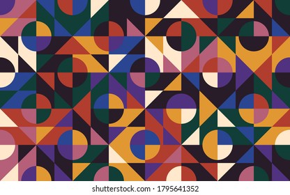 Abstract mosaic artwork design with simple shapes and figures. Geometrical pattern graphics with basic form and elements. Perfect for web banner, business presentation, branding package, fabric print.