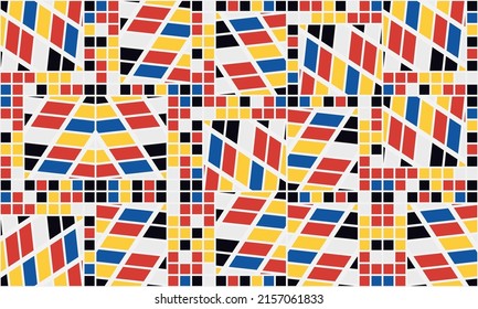 Resumen De Diseño De Material Artístico Mosaico Con Formas Y Figuras Simples. Gráficos De Patrones Geométricos Con Forma Básica Y Elementos. Perfecto Para Banner Web, Presentación Empresarial, Paquete De Marcas, Impresión De Tela.