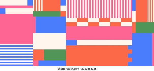 Abstract Mosaic Artwork Design With Simple Shapes And Figures. Geometrical Pattern Graphics With Basic Form And Elements. Perfect For Web Banner, Business Presentation, Branding Package, Fabric Print.