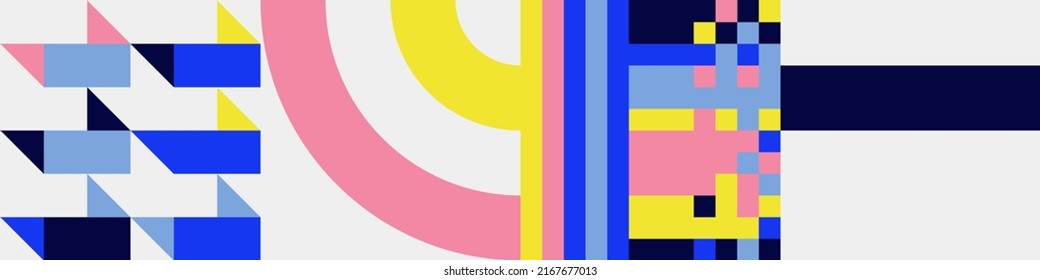Abstract Mosaic Artwork Design With Simple Shapes And Figures. Geometrical Pattern Graphics With Basic Form And Elements. Perfect For Web Banner, Business Presentation, Branding Package, Fabric Print.