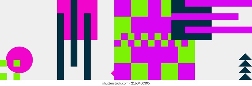 Abstract Mosaic Artwork Design With Simple Shapes And Figures. Geometrical Pattern Graphics With Basic Form And Elements. Perfect For Web Banner, Business Presentation, Branding Package, Fabric Print.