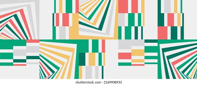 Resumen De Diseño De Material Artístico Mosaico Con Formas Y Figuras Simples. Gráficos De Patrones Geométricos Con Forma Básica Y Elementos. Perfecto Para Banner Web, Presentación Empresarial, Paquete De Marcas, Impresión De Tela.