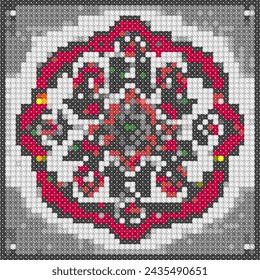 Abstract mosaic artwork with vibrant red patterns