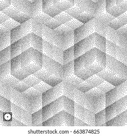 Abstrakter Mosaikhintergrund. Schwarz-Weiß-Grautmuster. Pointillismus-Muster mit optischer Illusion. Verstopfte Vektorgrafik.