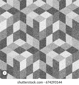 Abstrakter Mosaikhintergrund. Schwarz-Weiß-Grautmuster. Pointillismus-Muster mit optischer Illusion. Verstopfte Vektorgrafik.