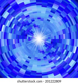 Abstract mosaic background in blue colors and flash of light in center