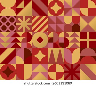 Abstract mosaic background with Chinese new year 2026. Numbers and different form made of geometric shapes in retro style in red, yellow and gold. Seamless Pattern. Vector EPS10