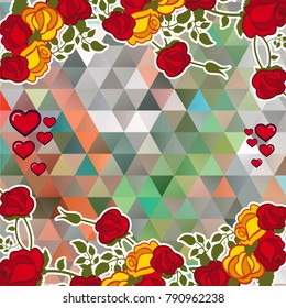 Abstract mosaic background with decorative roses and hearts. The layout for greeting cards, Valentine Day cards, labels, tags, banners, flyers, ads. Copy space. Vector clip art.