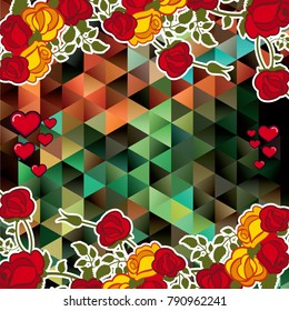 Abstract mosaic background with decorative roses and hearts. The layout for greeting cards, Valentine Day cards, labels, tags, banners, flyers, ads. Copy space. Vector clip art.