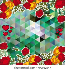 Abstract mosaic background with decorative roses and hearts. The layout for greeting cards, Valentine Day cards, labels, tags, banners, flyers, ads. Copy space. Vector clip art.
