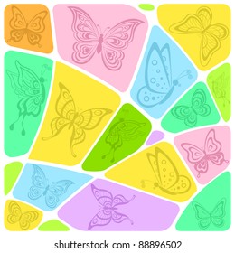 Abstract mosaic background of the different elements with butterflies. Vector