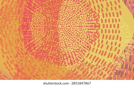 Abstract mosaic background featuring warm shades of yellow, orange, and red, with a pointillist texture blended with concentric waves.