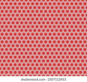 Abstract Mosaic Background. Fire engine red color on matching background. Bold rounded hexagons mosaic pattern with inner solid cells. Hexagon geometric shapes. Seamless pattern.