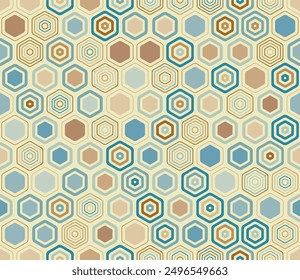 Abstract Mosaic Background. Geometric elements of varied style and color. Hexagonal shapes. Tileable pattern. Seamless background. Gorgeous vector illustration.