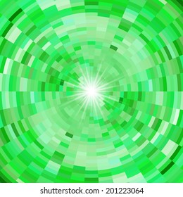 Abstract mosaic background in green colors and flash of light in center