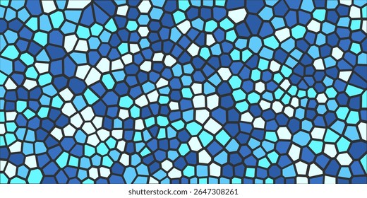 Abstract mosaic background with irregular blue tiles and black lines. Geometric decorative pattern for design or decor. Vintage interior template. Vector illustration.
