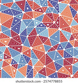 Abstract Mosaic Background. Medium triangles size. Multiple repeated inner triangles. Multiple colors style. Repeatable pattern. Elegant vector tiles. Seamless vector illustration.