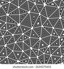 Abstract Mosaic Background. Medium triangles size. Multiple repeated inner triangles. Black and white style. Repeatable pattern. Elegant vector tiles. Seamless vector illustration.