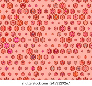 Abstract Mosaic Background. Multicolored geometric elements of varied size. Plain hexagon frames. Hexagon cells. Tileable pattern. Seamless vector illustration.