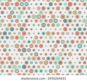 Abstract Mosaic Background. Multicolored geometric elements of varied size. Bold rounded hexagon cells with padding and inner solid cells. Honeycomb geometric shapes. Tileable pattern.