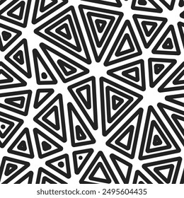 Abstract Mosaic Background. Multiple repeated inner triangles. Big triangle size. Black and white style. Seamless pattern. Elegant vector tiles. Trending vector illustration.