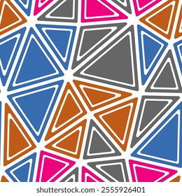 Abstract Mosaic Background. Rounded solid shapes in frames. Big triangle size. Multiple colors style. Repeatable pattern. Elegant vector tiles. Seamless vector illustration.