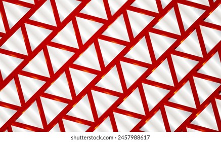 Abstractas fondo de mosaico de azulejos brillantes de triángulo espejado sobre fondo rojo. Patrón geométrico 3D blanco plateado. Diseño brillante para la cubierta, tarjeta de invitación, embalaje e impresión textil. Vector EPS10.