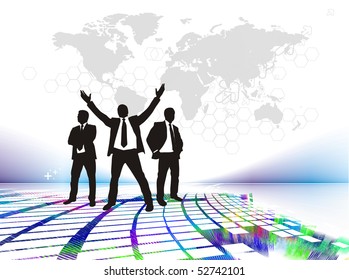 Abstract mosaic background with standing success businessman silhouetted . Vector illustration.