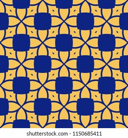 Abstract mosaic background in yellow and navy blue colors. Vector seamless pattern with grid, lattice, fence, floral figures, curved shapes, repeat tiles. Elegant ornamental texture. Modern design 