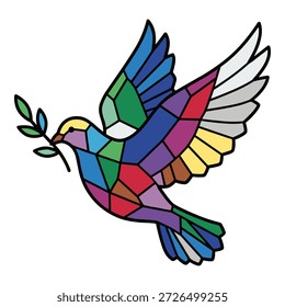 Abstract mosaic bird with olive branch, peace symbol, hope, freedom, vibrant colors, art