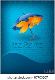 Abstract mosaic blue background with open umbrella and fish
