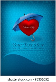 Abstract mosaic blue background and swirl line with heart under open umbrella