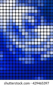 Abstract mosaic blue and white background with square tiles over black, vertical format.
