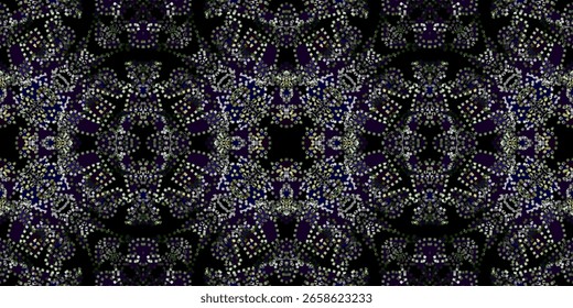 Abstract Mosaic With Bold Colors and Patterns. digital fractal pattern with a kaleidoscopic mandala effect in dark tones, featuring symmetrical dot arrangements in green, blue, and white on a black 
